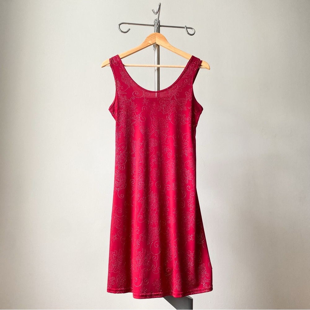 ☀️ 90s  Vintage Red Mini Tank Dress with Shiny Print